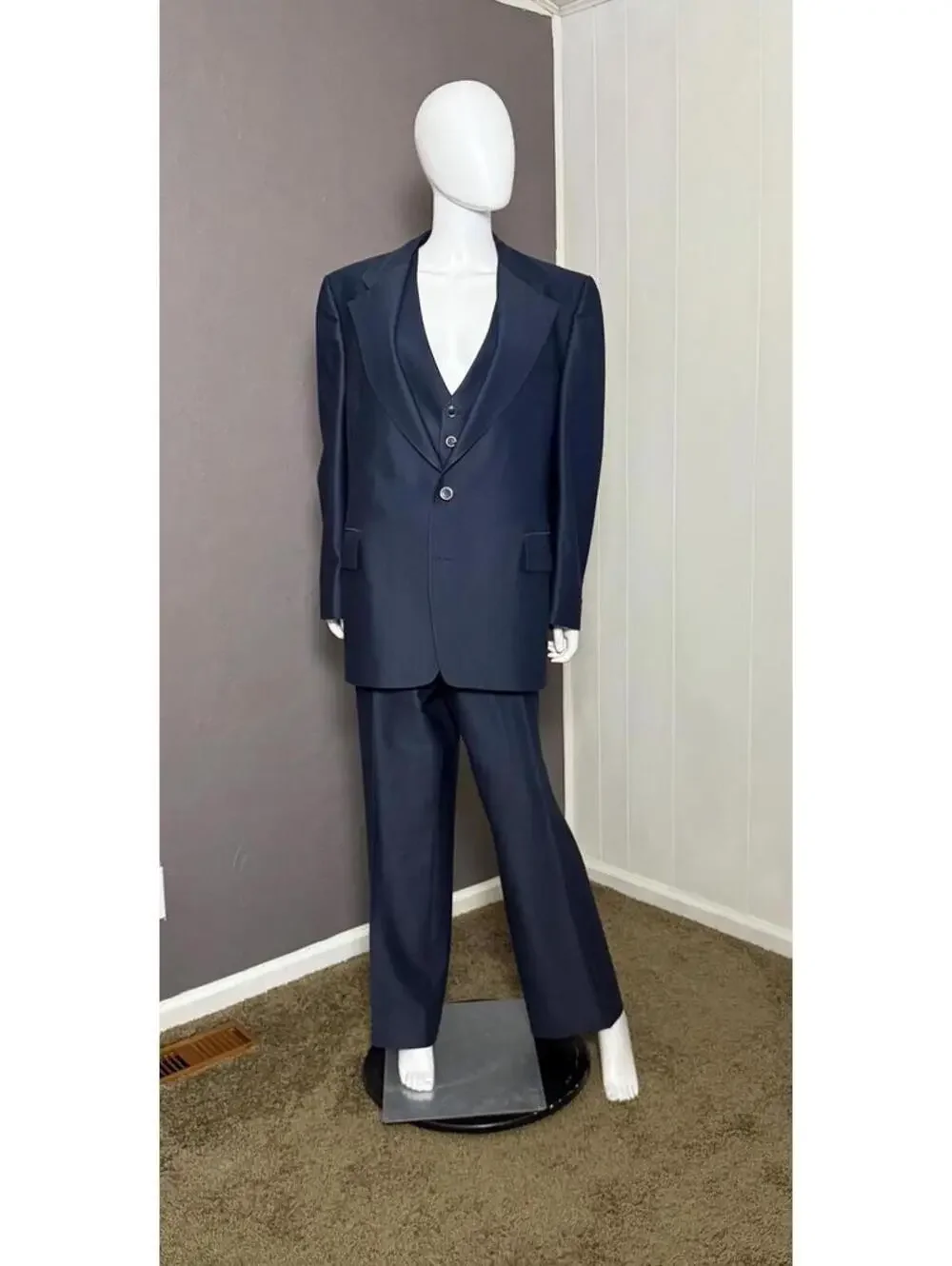 1970's Blue Three-Piece Men's Suit from Claude's XL Men's 46R 41W 30L